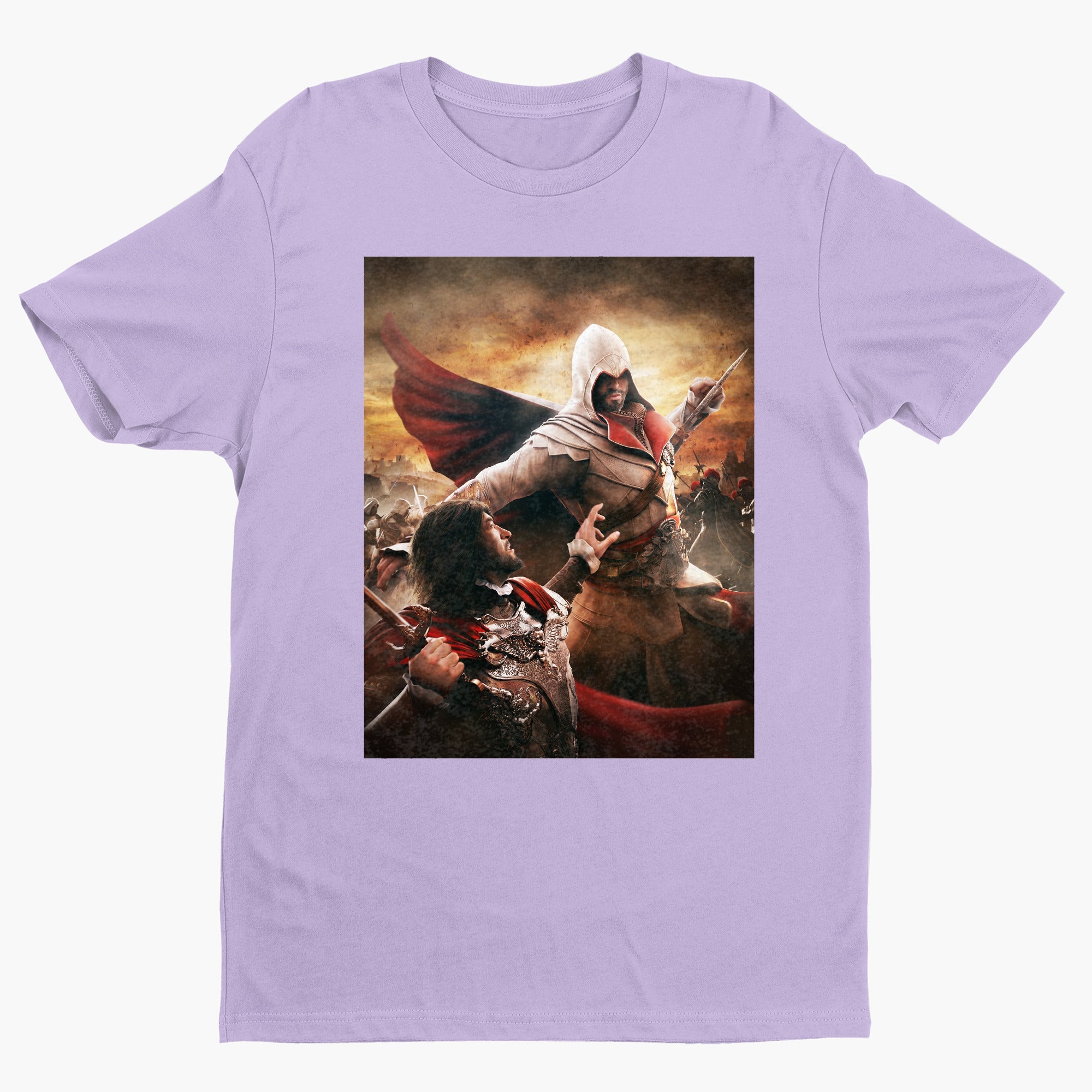 Assassin's Creed Brotherhood Ezio vs Cesare Borgia tee - violet unisex t-shirt, front view